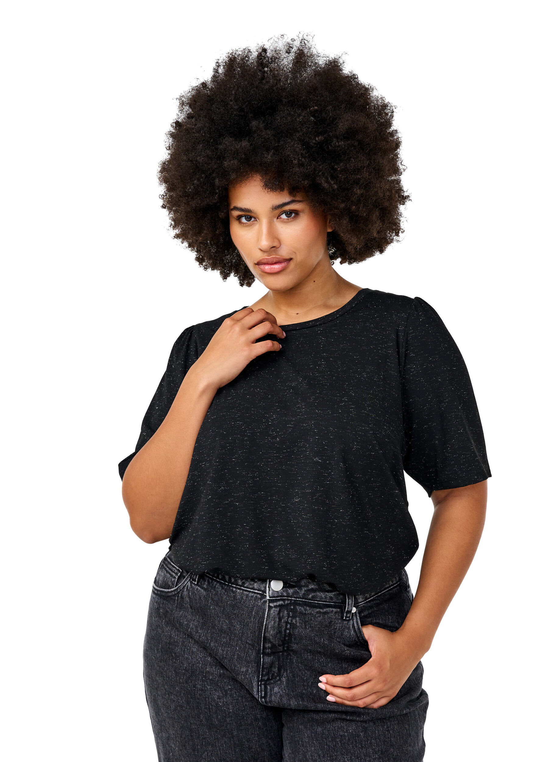 Zizzifashion T-shirt with glitter and short puff sleeves, Black, Model image number 0