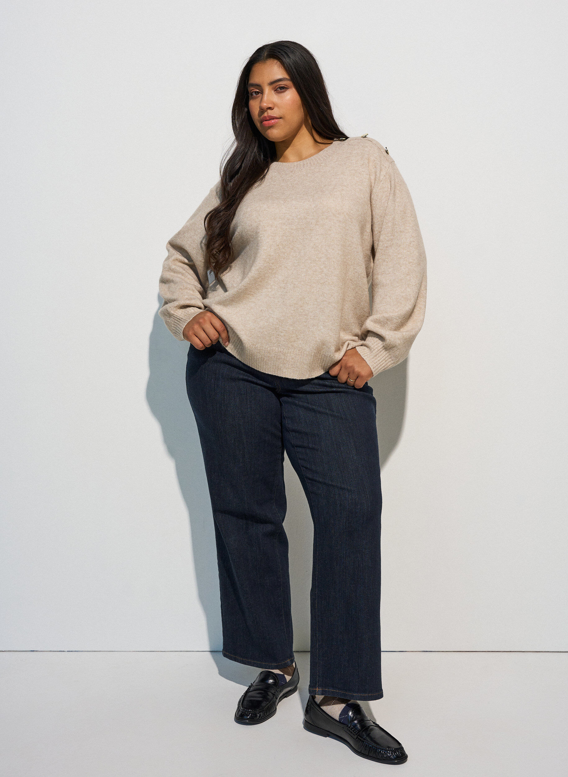 ZizzifashionKnit blouse with button detail, Beige, Model image number 1