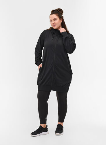Long hooded sports cardigan with pockets, Black, Model image number 3