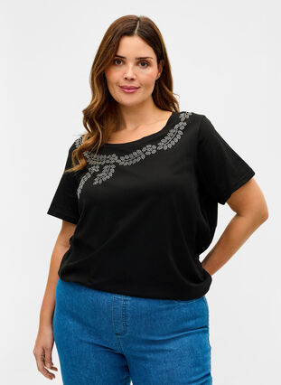 Short-sleeved cotton t-shirt with decorative rhinestones, Black Stone, Model image number 0