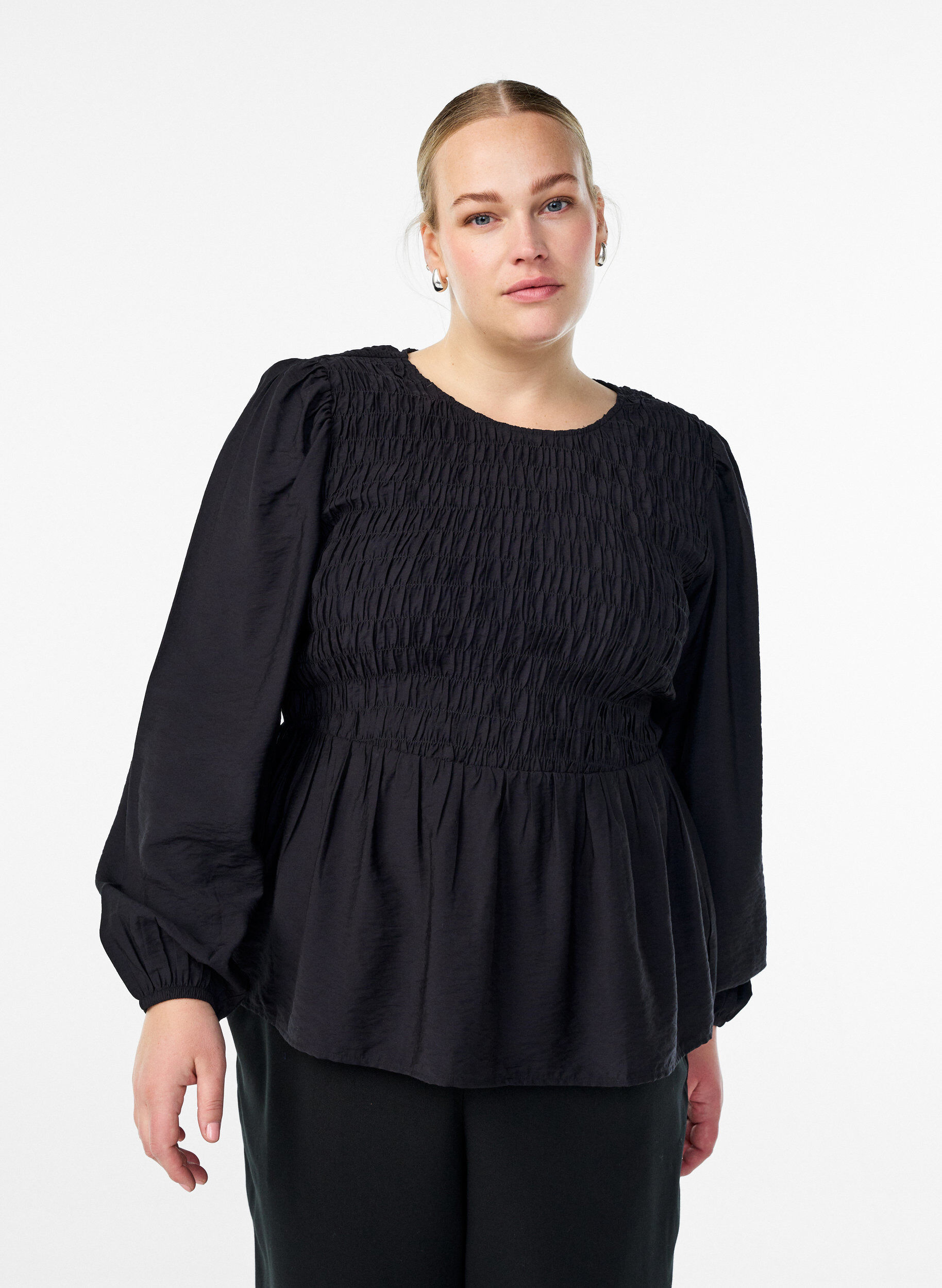 Blouse with smock and long sleeves, Black, Model