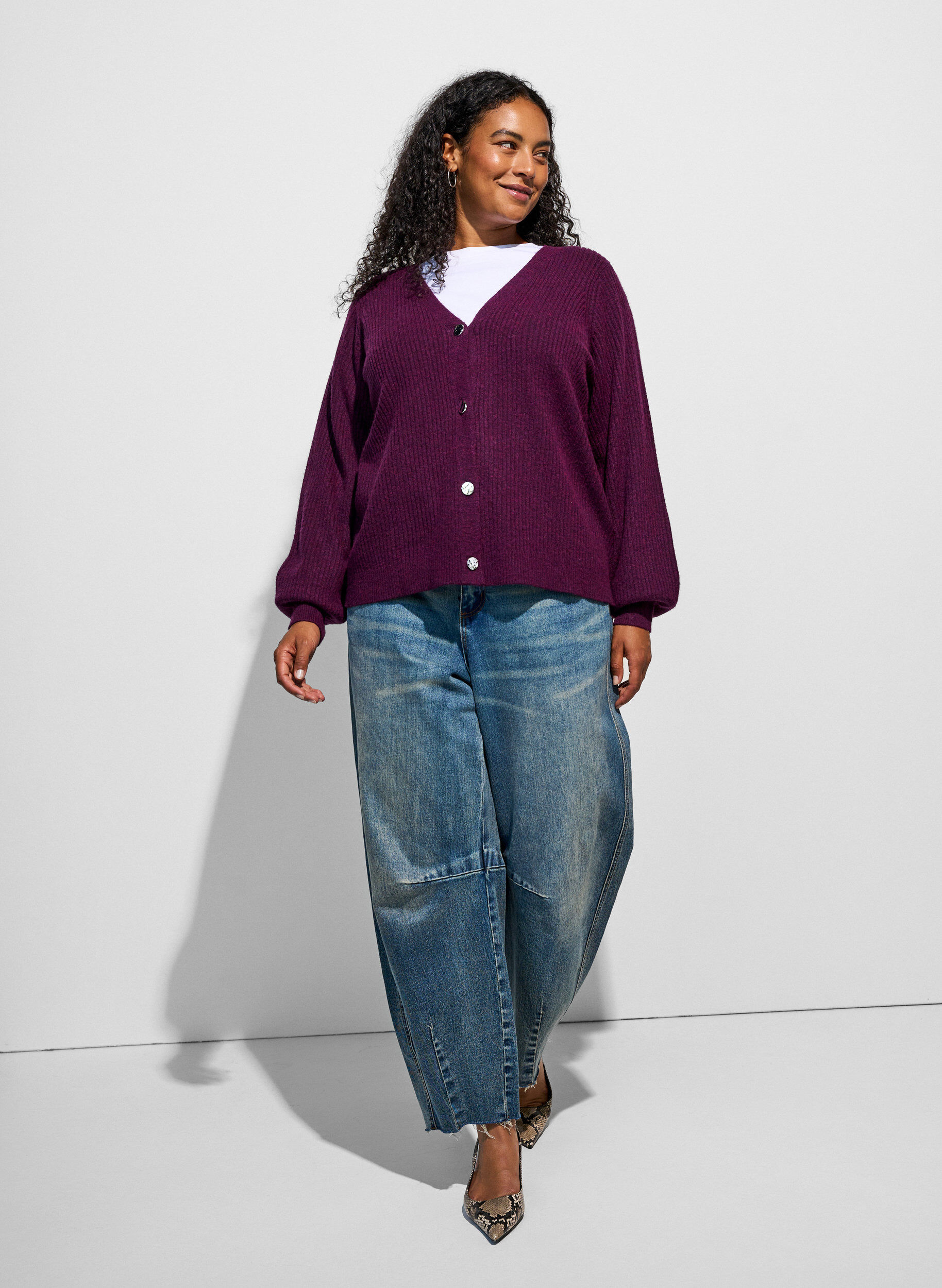 ZizzifashionCardigan with V-neck and ribbed texture, Purple, Model image number 1