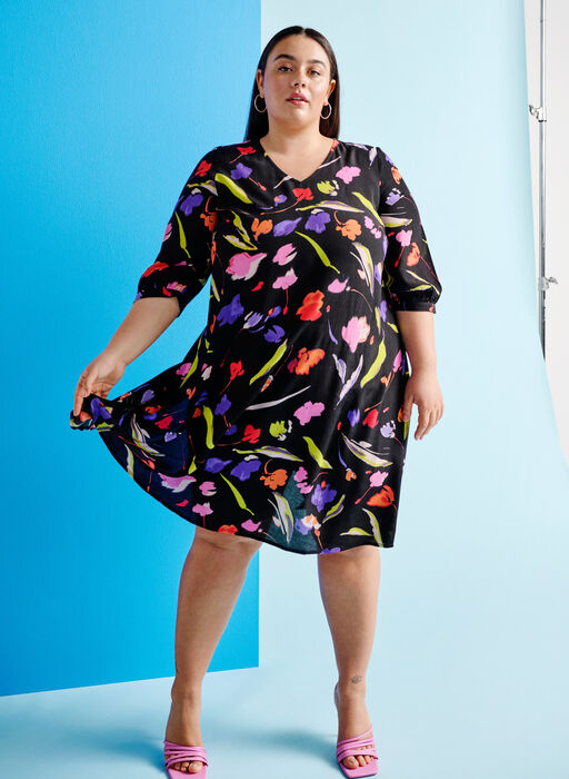 Dress in viscose with print and 3/4 sleeves, Faded Tulip AOP, Image image number 0