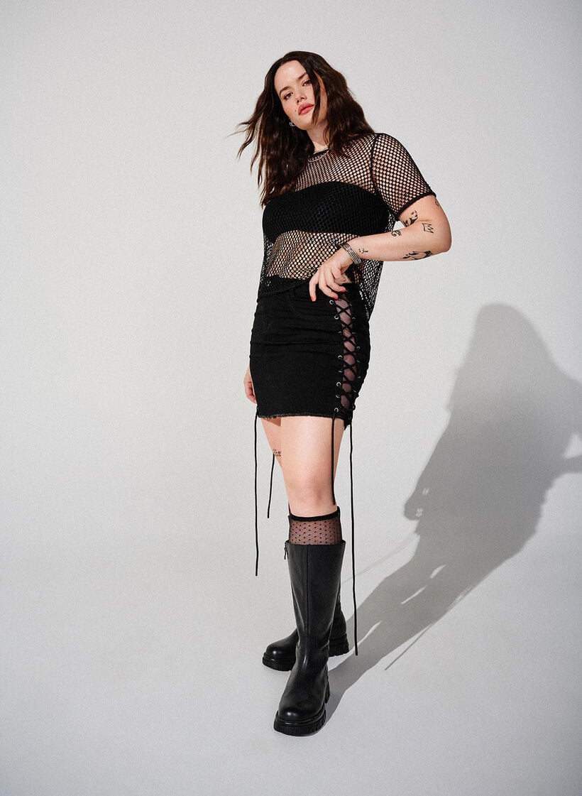 Short denim skirt with lace-up details, Black, Image