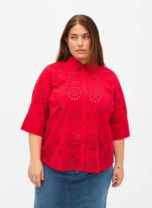Shirt blouse with embroidery anglaise and 3/4 sleeves, Tango Red, Model image number 0