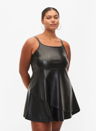 Faux leather a-line dress, Black, Model image number 0