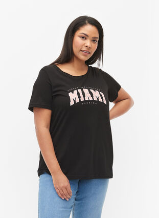 Cotton t-shirt with print detail, Black MIAMI, Model image number 0
