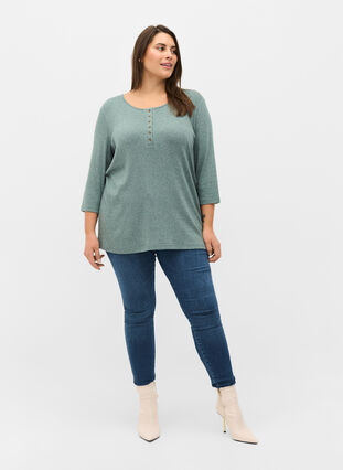 Plain blouse with buttons and 3/4 sleeves, Green Melange, Model image number 2