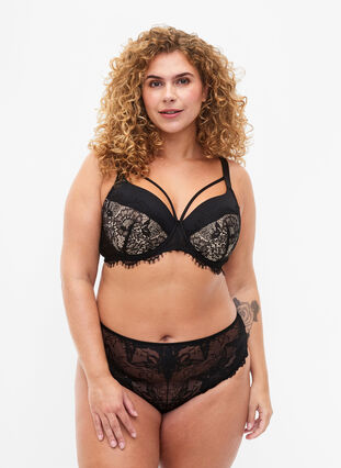 Padded bra with lace and string, Black, Model image number 2