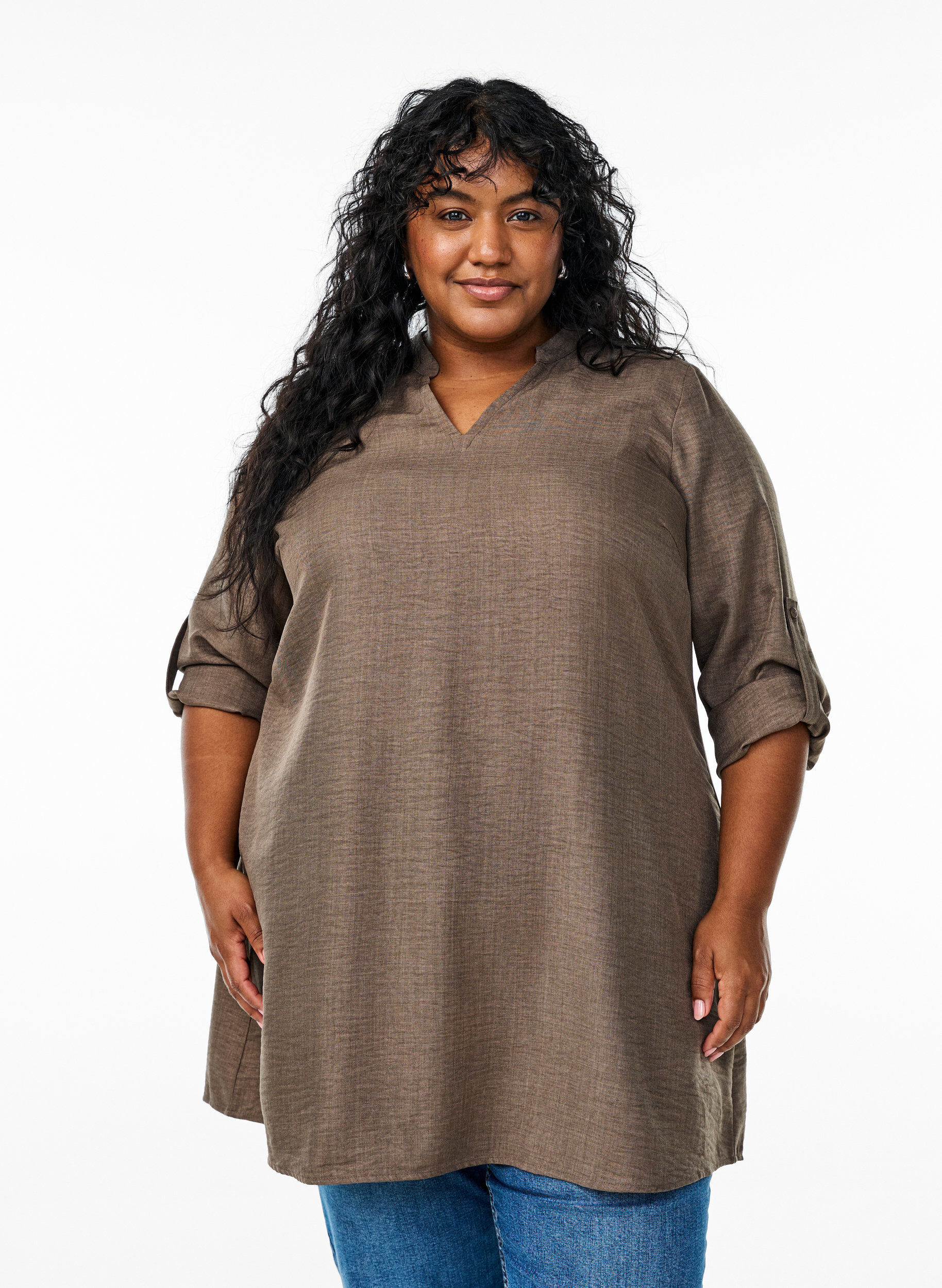 Zizzifashion Tunic with V-neck, Brown, Model image number 0