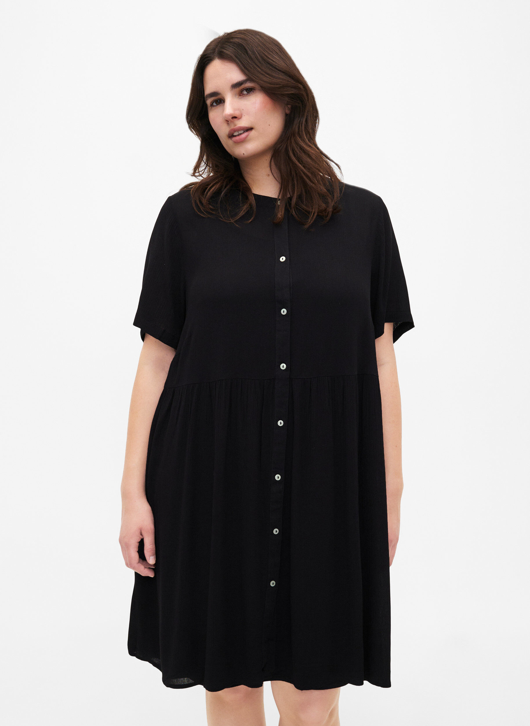 Zizzifashion A-line viscose dress with short sleeves, Black, Model image number 0