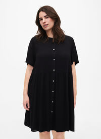 A-line viscose dress with short sleeves, Black, Model