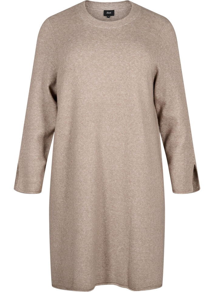 Knitted dress with a round neck and slit, Desert Taupe Mel., Packshot image number 0