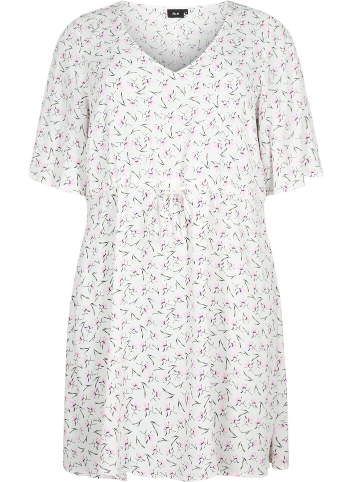 Dress with 1/2 sleeves and floral print in viscose, White Purple Flower, Packshot image number 0