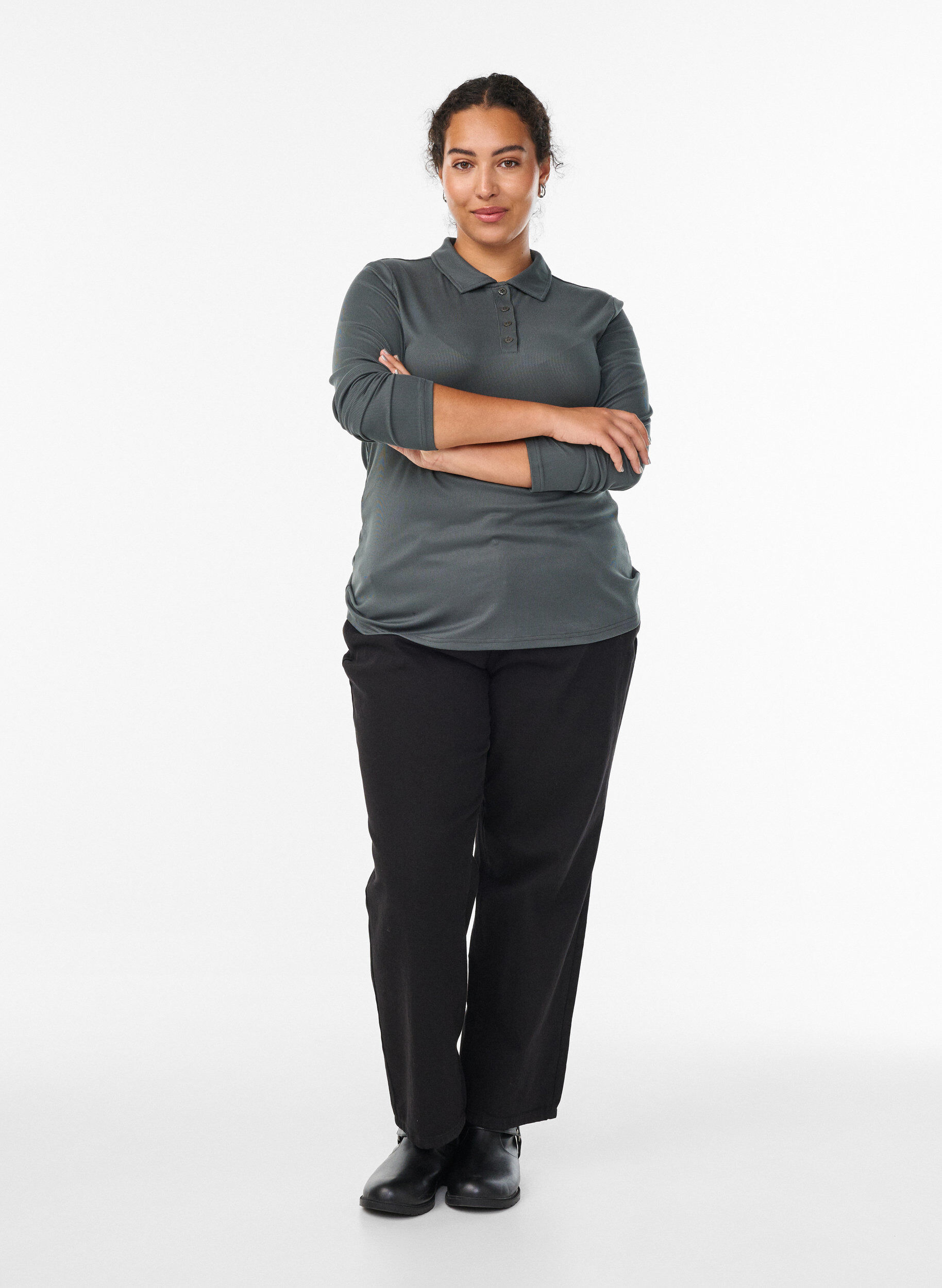 Zizzifashion Polo shirt in soft rib with long sleeves, Green, Model image number 1