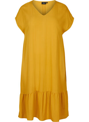 Short-sleeved viscose dress with v-neck, Harvest Gold, Packshot image number 0