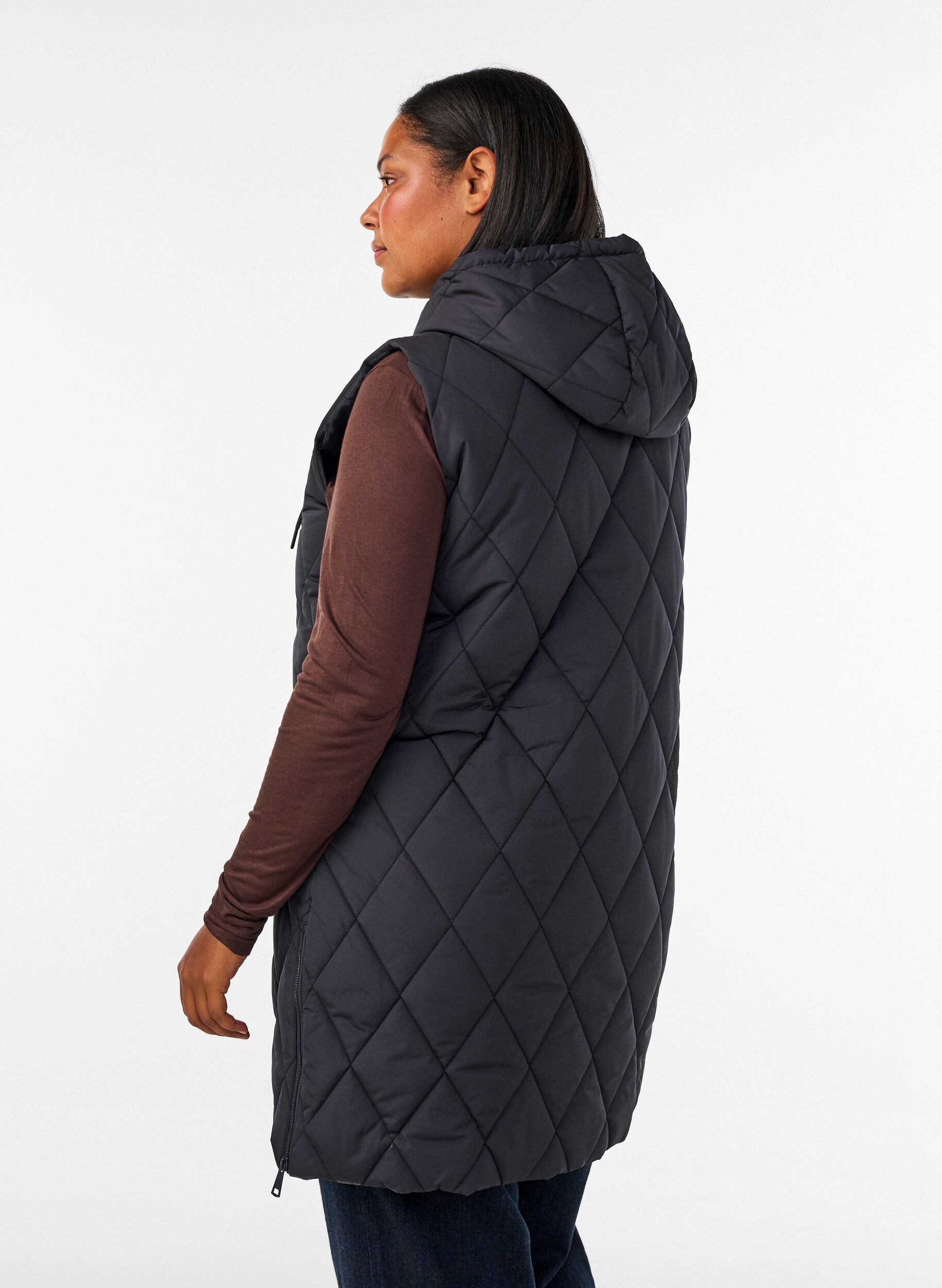 ZizzifashionMid-length quilted gilet with hood, Black, Model image number 2