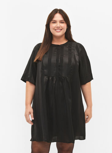 A-line dress with stripes and 1/2 sleeves, Black, Model image number 0