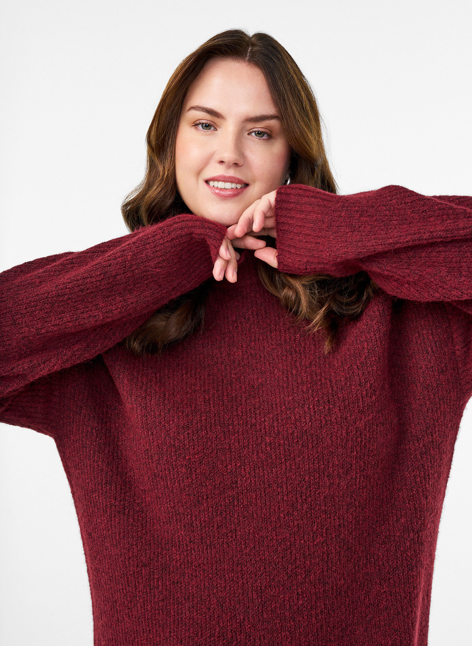 Zizzifashion Long knitted dress with high neck, Red, Model image number 3