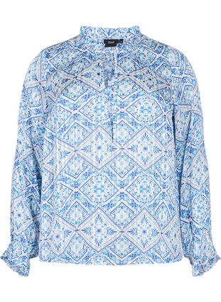 Long sleeve blouse with ruffles and print, Birch Graphic AOP, Packshot image number 0