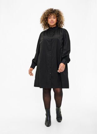 Viscose shirt dress with ruffles, Black, Model image number 2