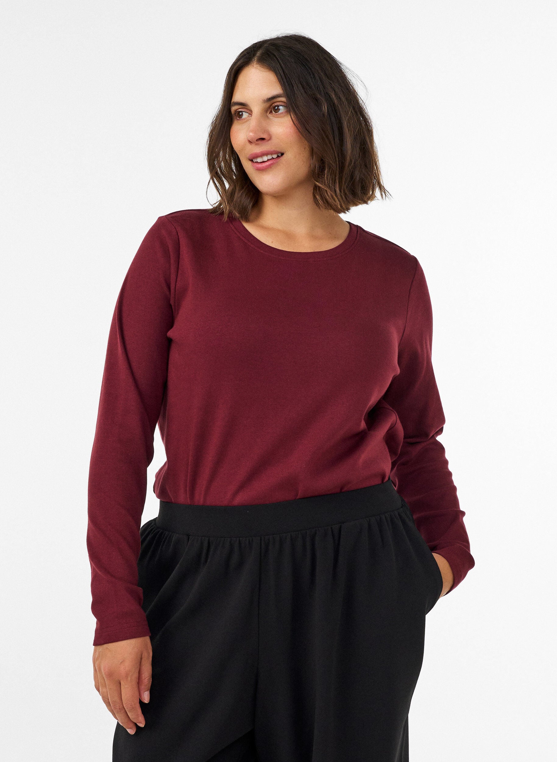 ZizzifashionLong-sleeved basic T-shirt with round neck, Red, Model image number 0
