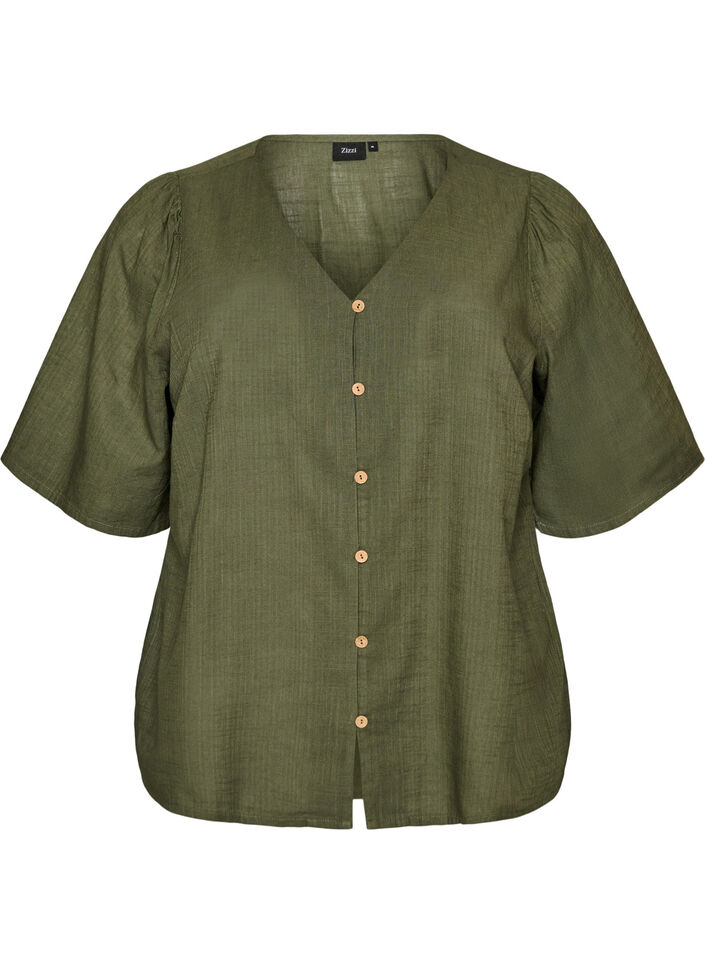 Short-sleeved cotton shirt with a V-neck, Green, Packshot image number 0