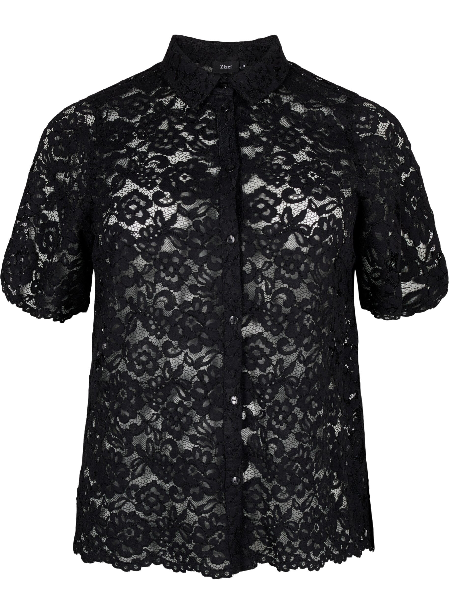 Zizzifashion Lace shirt with short sleeves, Black, Packshot image number 0