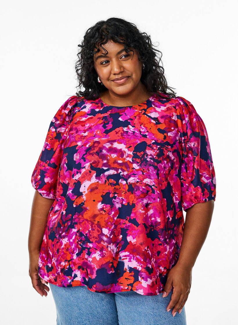 Blouse with 1/2 sleeves and a colourful print, Pink, Model image number 0