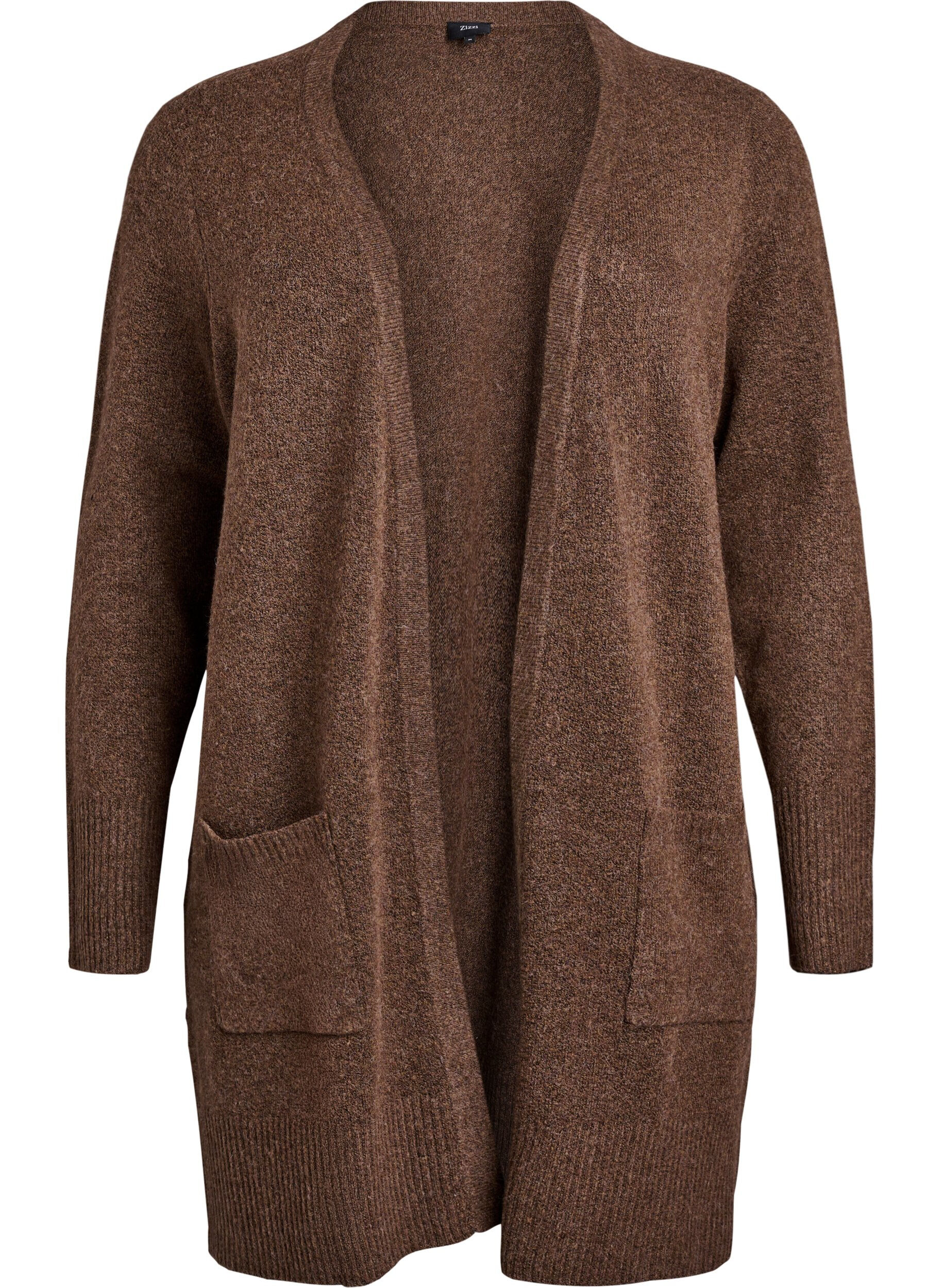 ZizzifashionRibbed Knit Cardigan with Pockets, Brown, Packshot image number 0