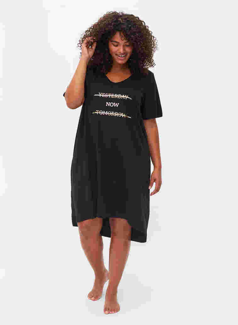 Cotton nightdress with print, Black w. Gold Foil, Model image number 2