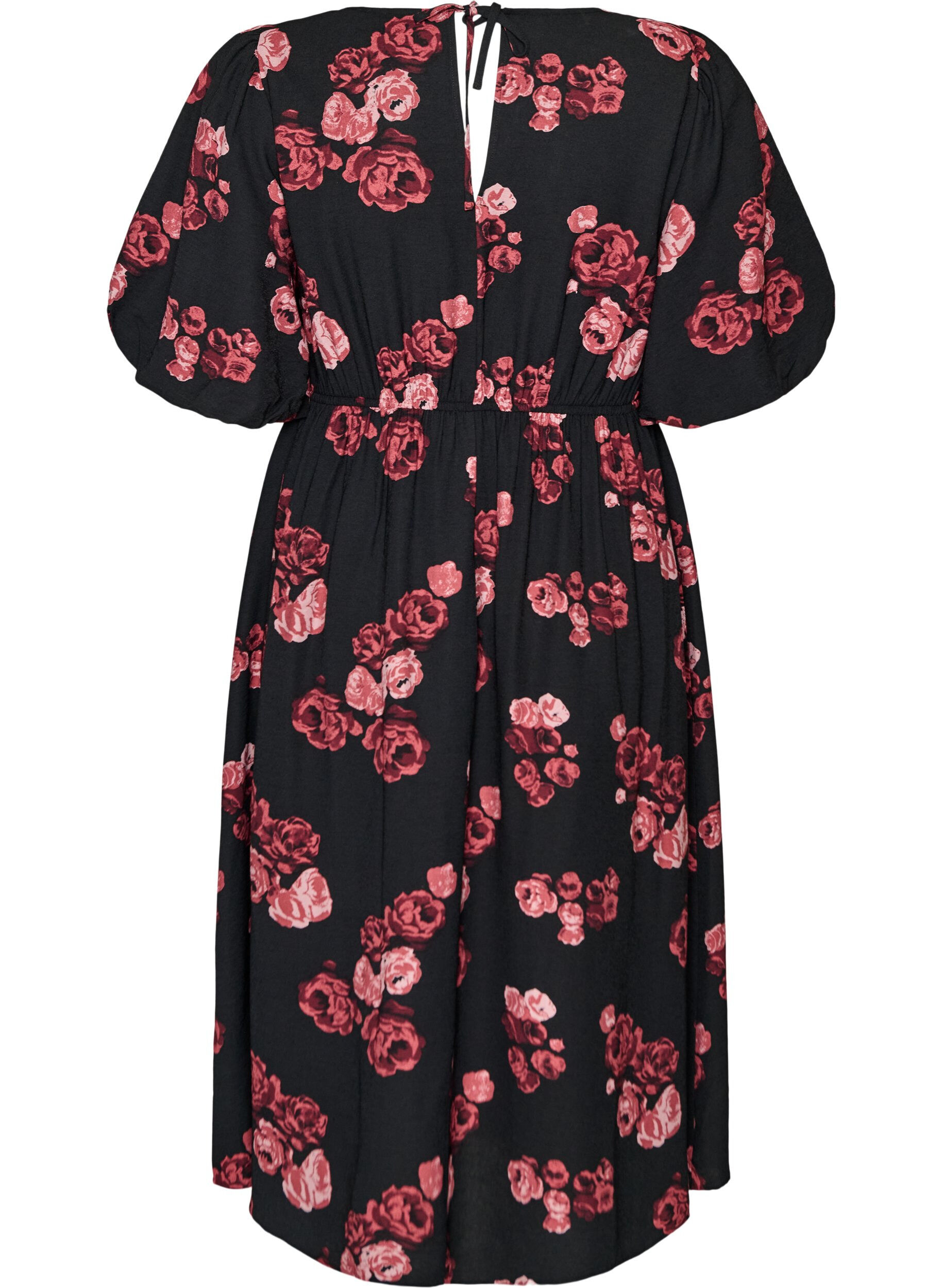 ZizzifashionMidi dress with rose print and short balloon sleeves, Black, Packshot image number 1