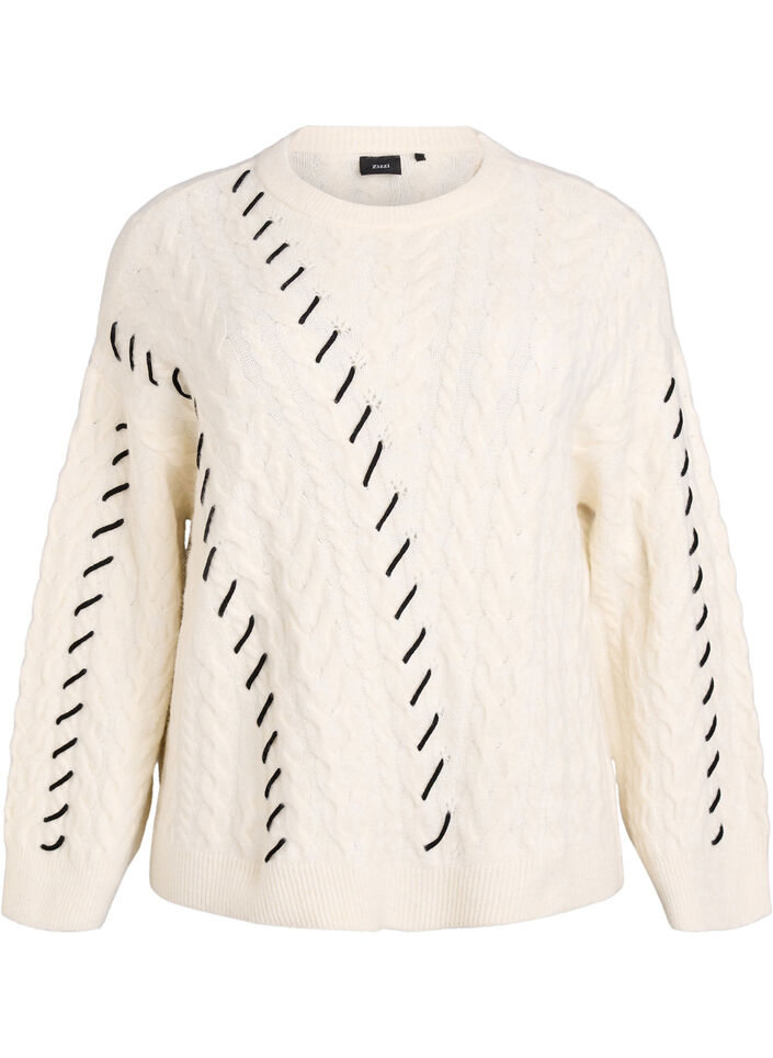 Knitted blouse with cable pattern and contrast details, Beige, Packshot image number 0