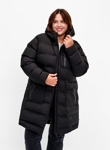 Puffer coat with hood and pockets, Black, Model image number 0