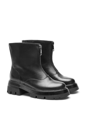 Short wide fit leather boot with zipper, Black, Packshot image number 1