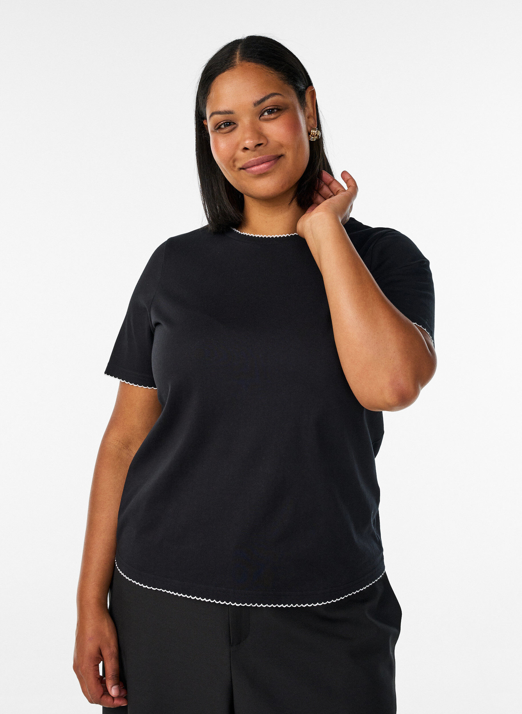 ZizzifashionCotton T-shirt with wavy contrasting edges, Black, Model image number 0