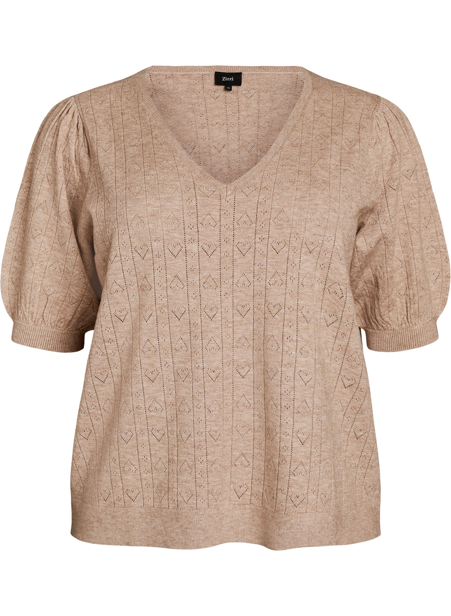 ZizzifashionShort-sleeved knit blouse with a pointelle pattern, Beige, Packshot image number 0