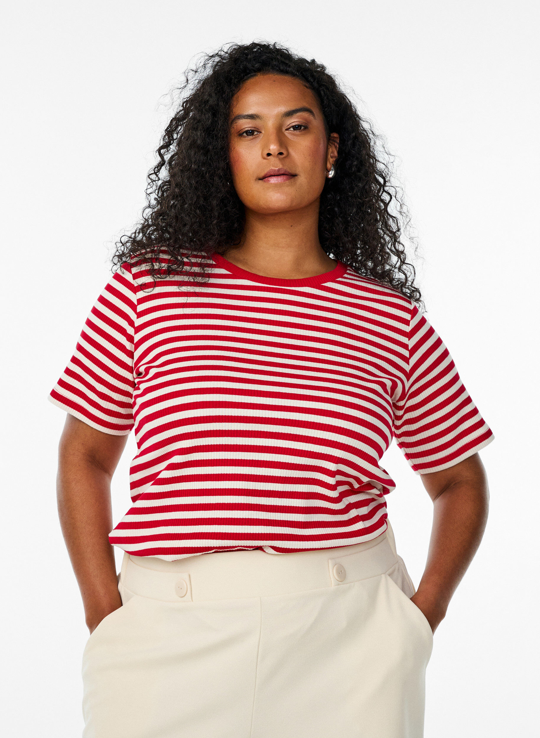 Striped T-shirt with ribbed texture, Red, Model