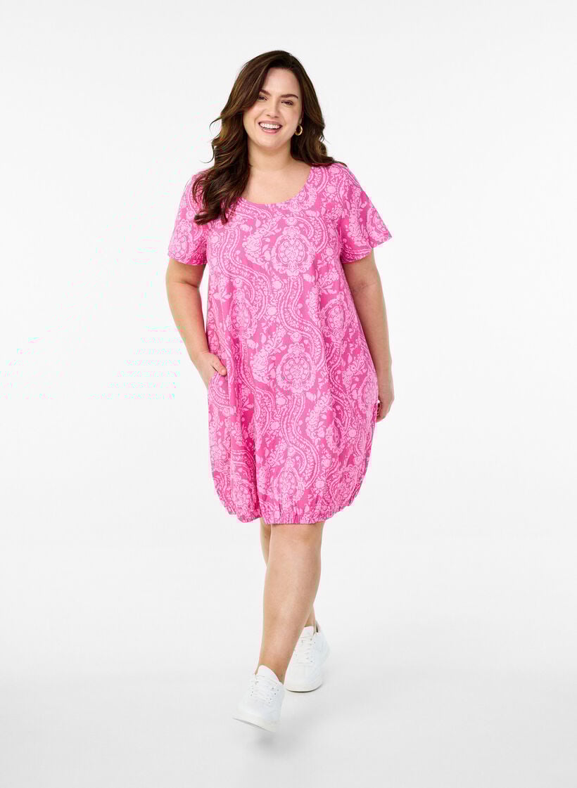 Short-sleeved cotton dress with print, Pink, Model image number 1