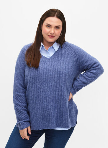 Knit sweater with slit, Gray Blue Mel., Model image number 0