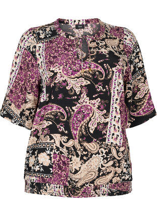 Viscose blouse with paisley print and smock, Black Patchwork AOP, Packshot image number 0