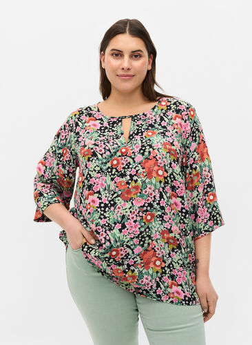 Floral blouse with 3/4 sleeves, Green Flower AOP, Model image number 0