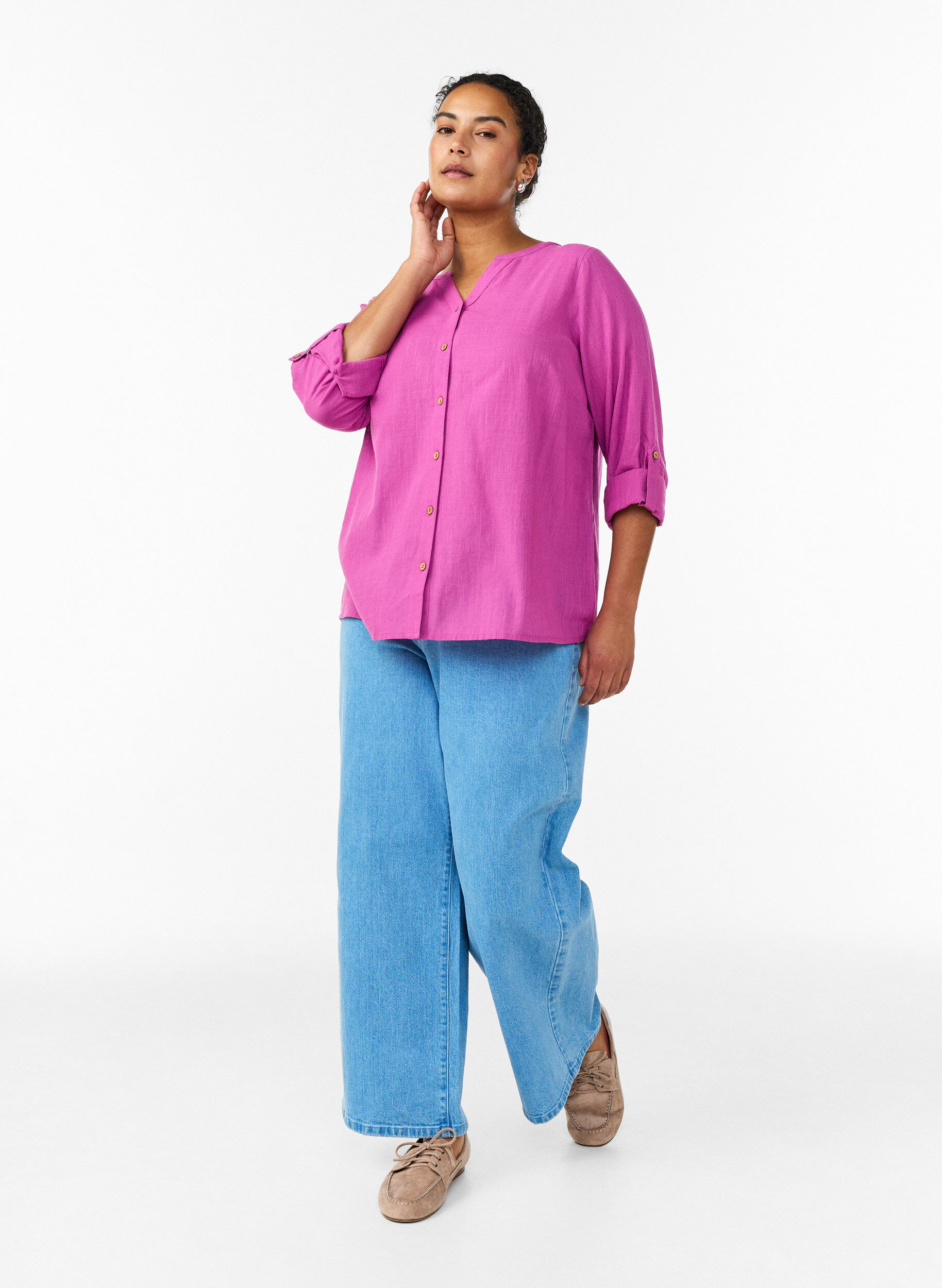 Zizzifashion Cotton shirt blouse with V-neck, Pink, Model image number 1