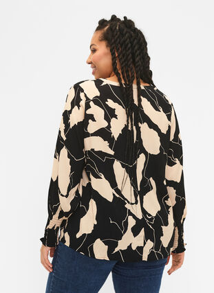 Printed viscose blouse with smock, Black AOP, Model image number 1