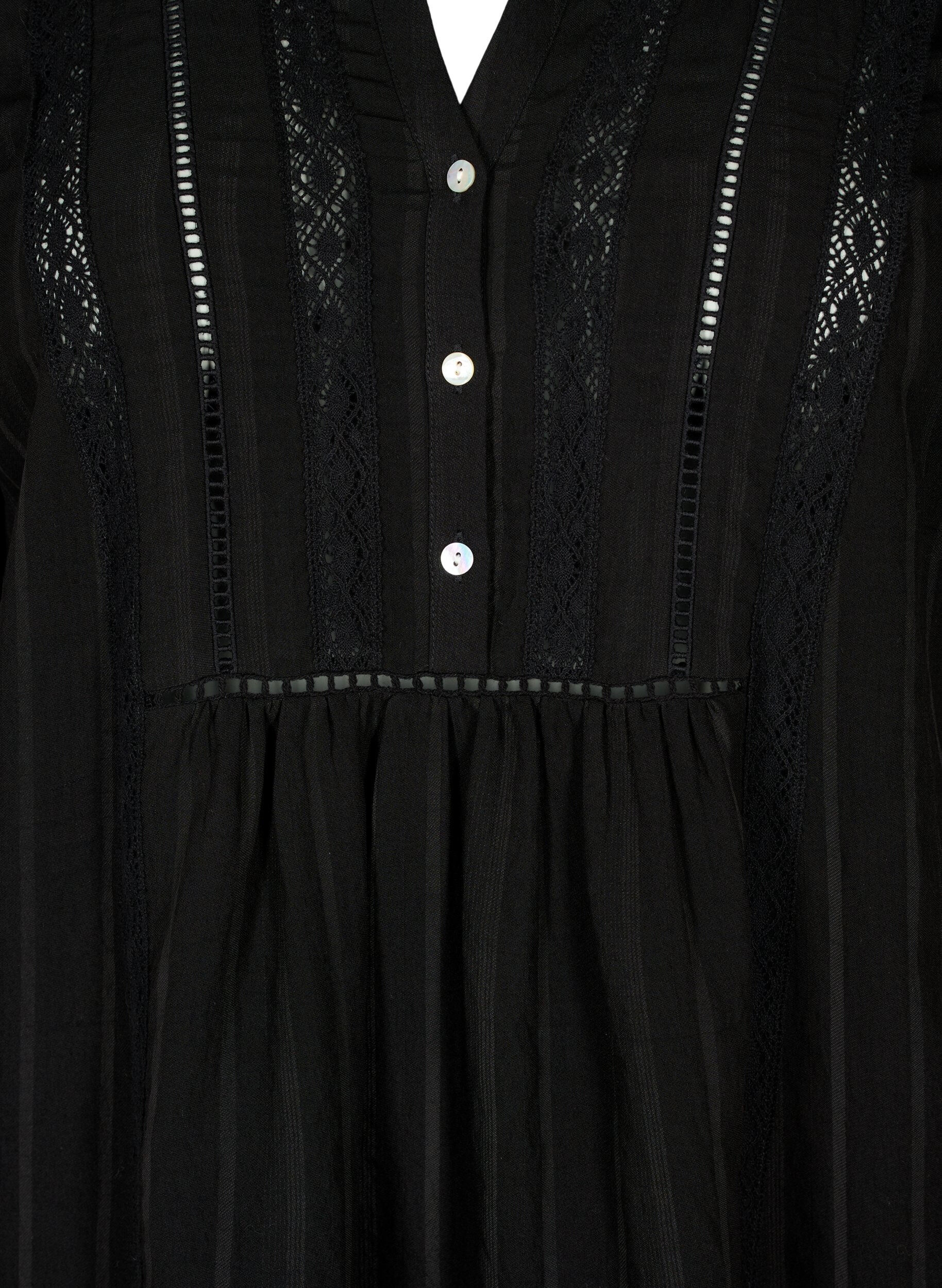 Zizzifashion Striped viscose dress with lace ribbons, Black, Packshot image number 2