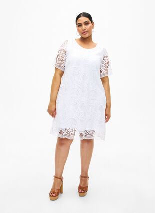 Short-sleeved lace party dress - White - Sz. 40-64 - Zizzifashion Short-sleeved lace party dress - White - Sz. 40-64 - Zizzifashion