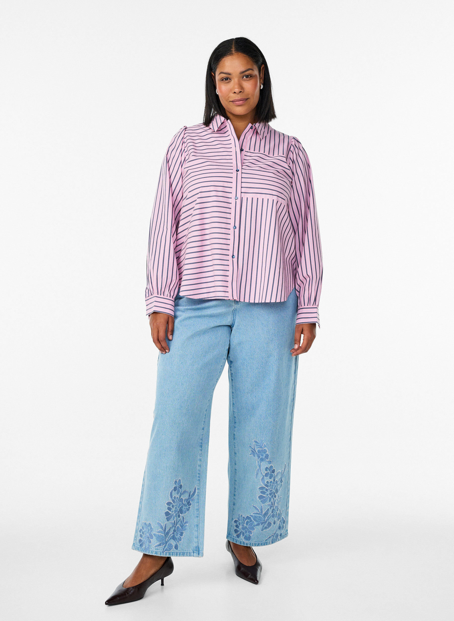ZizzifashionStriped shirt with a classic collar and long sleeves, Pink, Model image number 1
