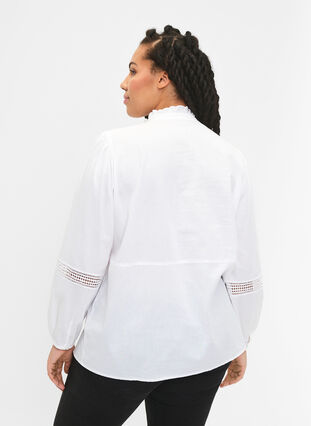 Shirt blouse with ruffle collar and crochet band, Bright White, Model image number 1