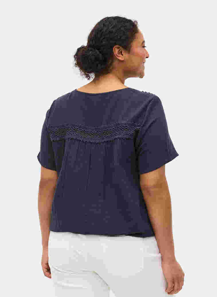 Short-sleeved cotton blouse with lace, Night Sky, Model image number 1