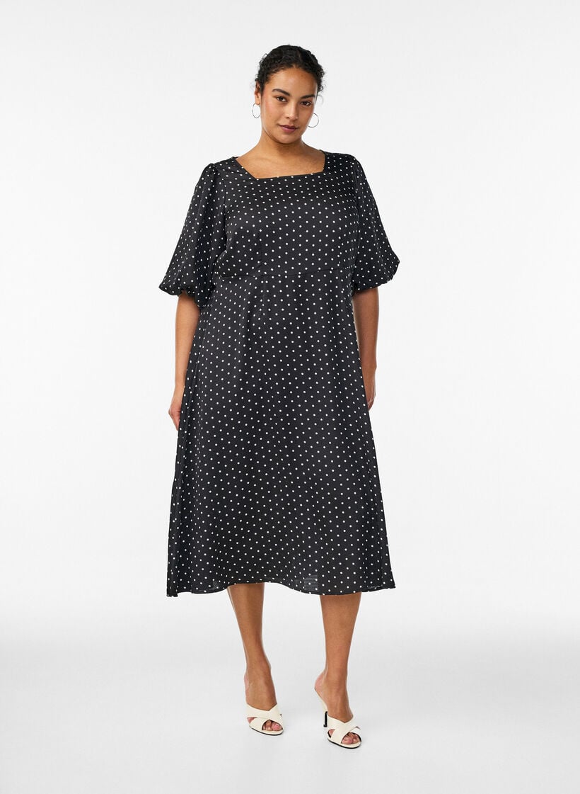 Polka dot midi dress with square neckline, Black, Model image number 0